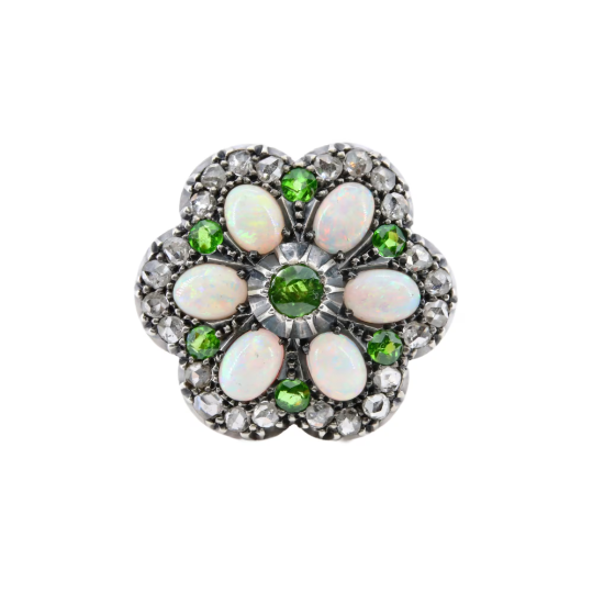 Victorian Demantoid Garnet, Opal, & Diamond Flower Convertible Ring Pendant