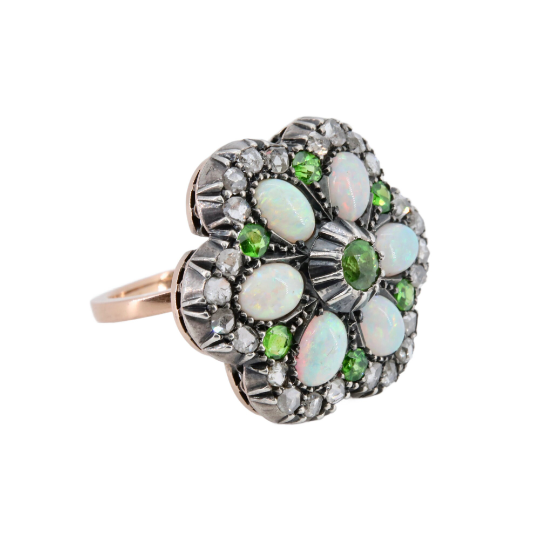 Victorian Demantoid Garnet, Opal, & Diamond Flower Convertible Ring Pendant