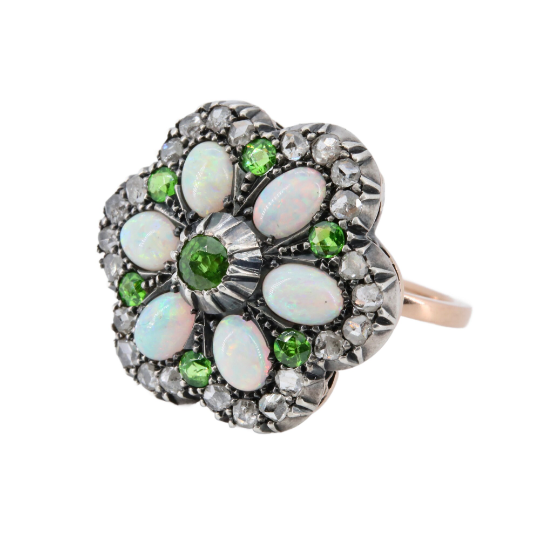 Victorian Demantoid Garnet, Opal, & Diamond Flower Convertible Ring Pendant