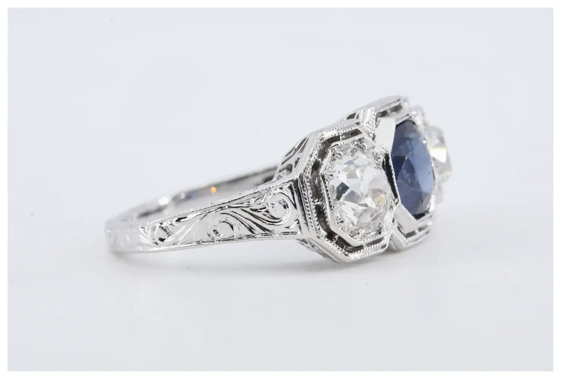 Art Deco 2.50ctw Three Stone No Heat Sapphire, & Diamond Ring in Platinum