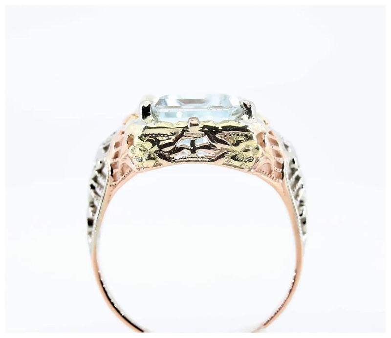 Art Deco Multicolor Gold Aquamarine Filigree Solitaire Ring