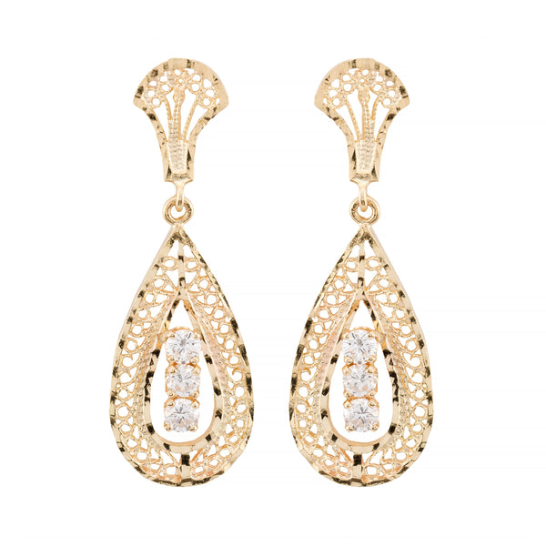 Dazzling Victorian Style Filigree Diamond Dangle Earrings in 14K Yellow Gold