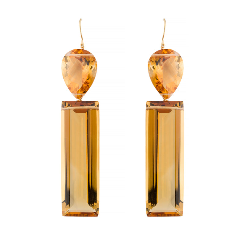 Dramatic 137Ctw Pear & Emerald Cut Citrine Dangle Earrings in 18K Yellow Gold