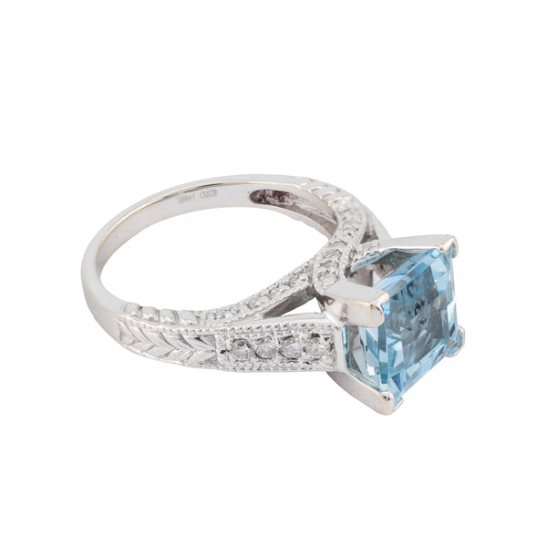 Ocean's Blue 3.64ctw Step Cut Aquamarine & Diamond Ring in 14 Karat White Gold