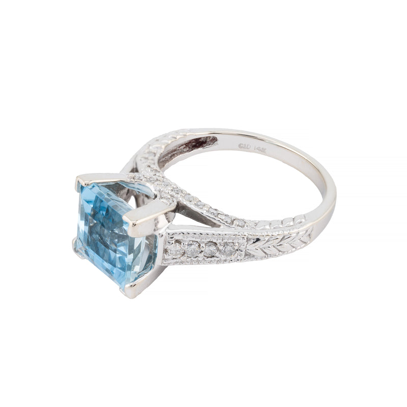 Ocean's Blue 3.64ctw Step Cut Aquamarine & Diamond Ring in 14 Karat White Gold