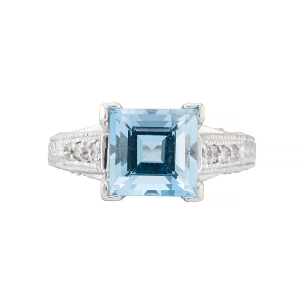 Ocean's Blue 3.64ctw Step Cut Aquamarine & Diamond Ring in 14 Karat White Gold