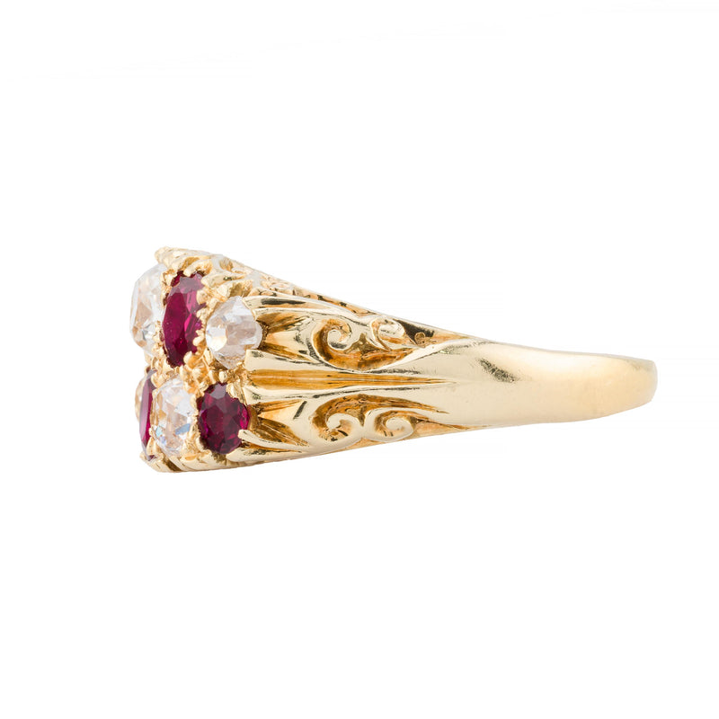 Victorian No Heat Ruby & Old Mine Cut Diamond Band Ring in 18K Yellow Gold