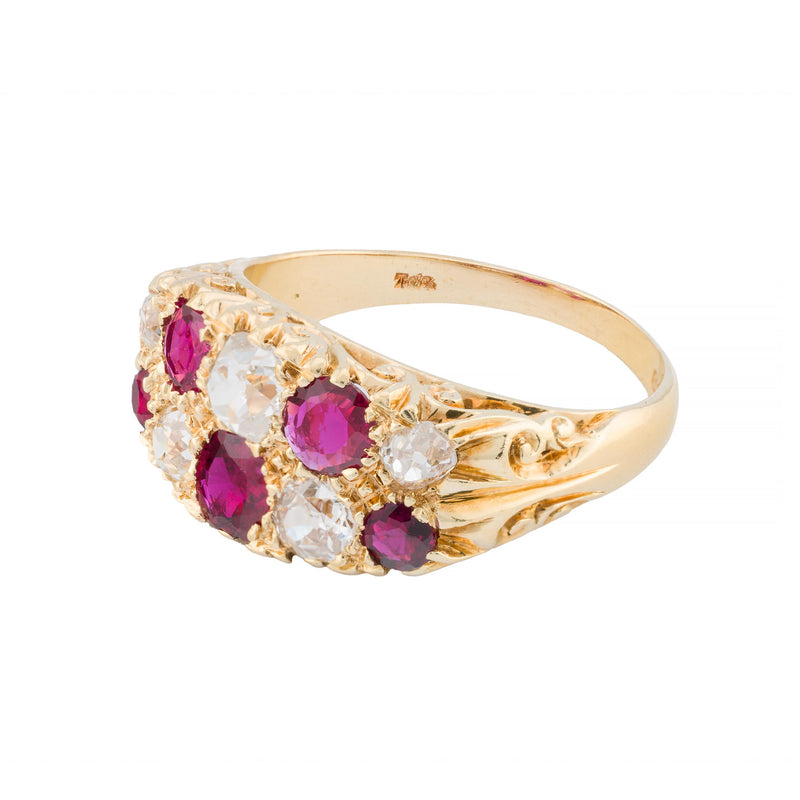 Victorian No Heat Ruby & Old Mine Cut Diamond Band Ring in 18K Yellow Gold