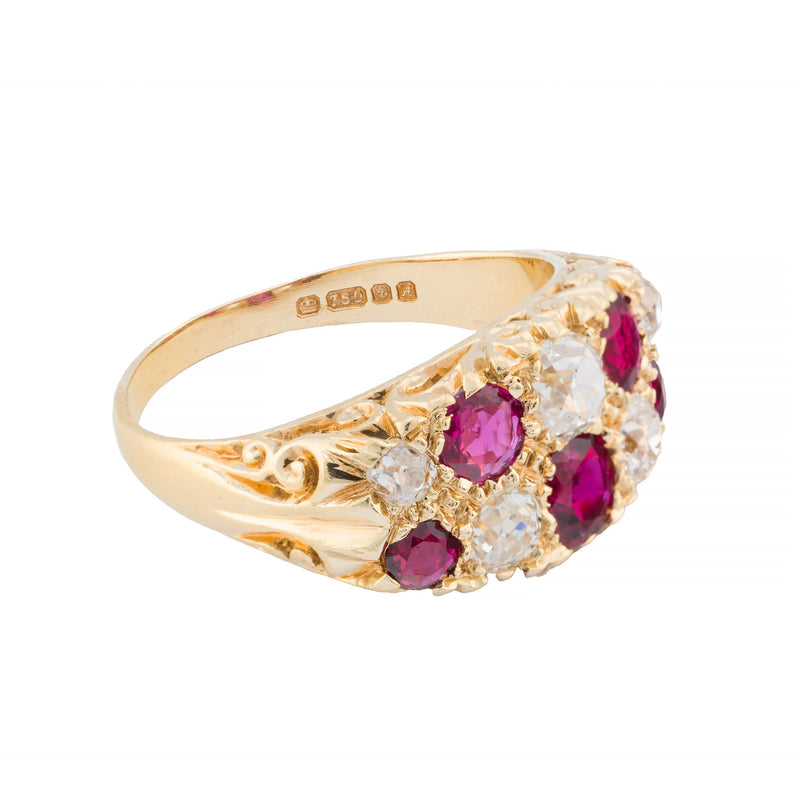 Victorian No Heat Ruby & Old Mine Cut Diamond Band Ring in 18K Yellow Gold