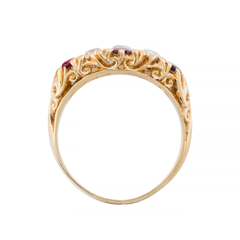 Victorian No Heat Ruby & Old Mine Cut Diamond Band Ring in 18K Yellow Gold