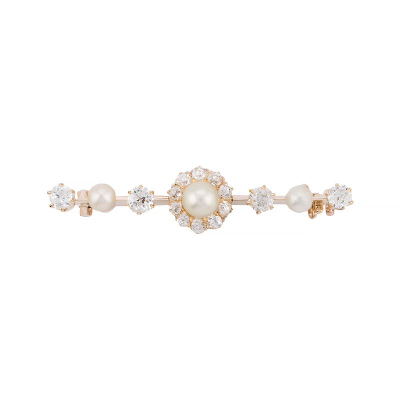 French Natural Pearl & Mine Cut Diamond Victorian Brooch in 18K Yellow Gold