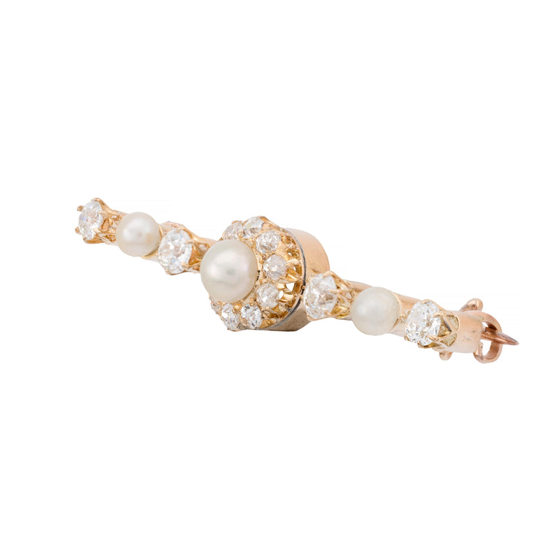 French Natural Pearl & Mine Cut Diamond Victorian Brooch in 18K Yellow Gold