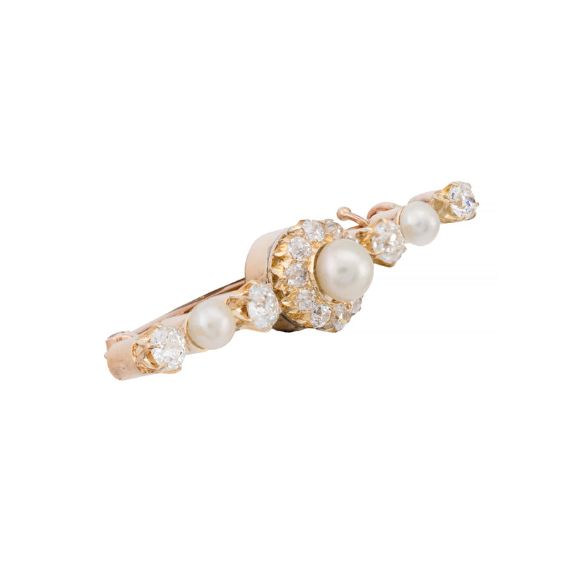 French Natural Pearl & Mine Cut Diamond Victorian Brooch in 18K Yellow Gold