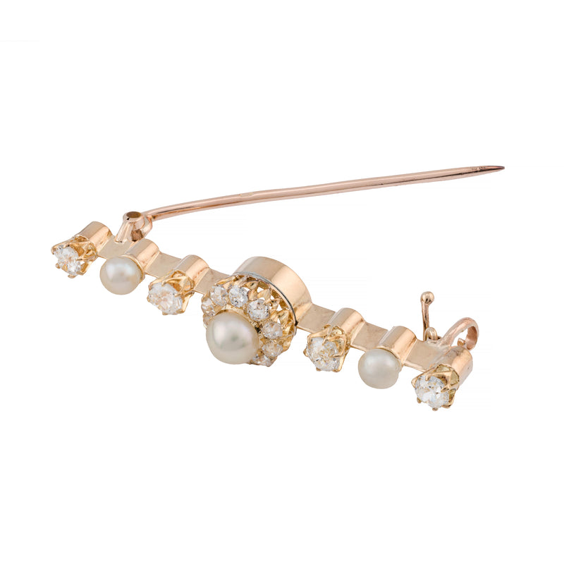 French Natural Pearl & Mine Cut Diamond Victorian Brooch in 18K Yellow Gold