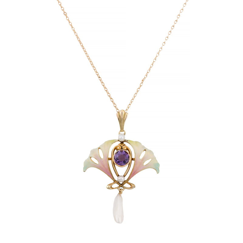 Art Nouveau Enamel Ginko Leaf Amethyst & Natural Pearl Pendant Necklace