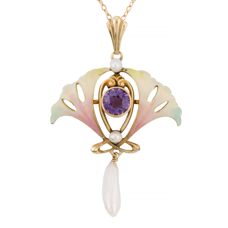 Art Nouveau Enamel Ginko Leaf Amethyst & Natural Pearl Pendant Necklace