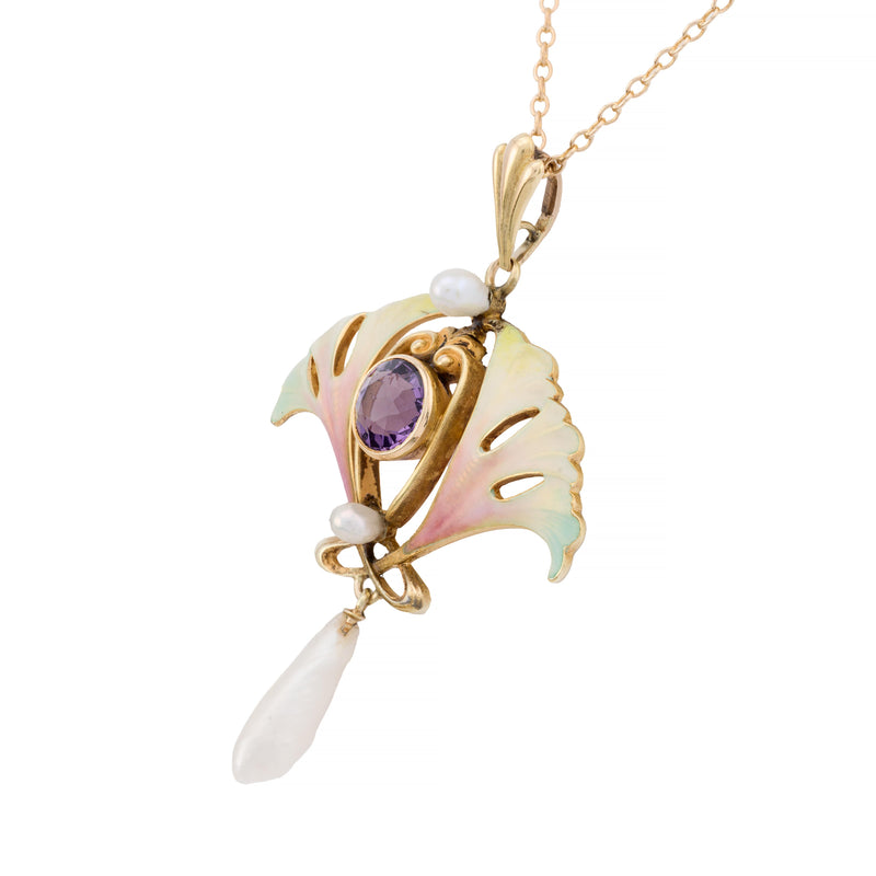 Art Nouveau Enamel Ginko Leaf Amethyst & Natural Pearl Pendant Necklace