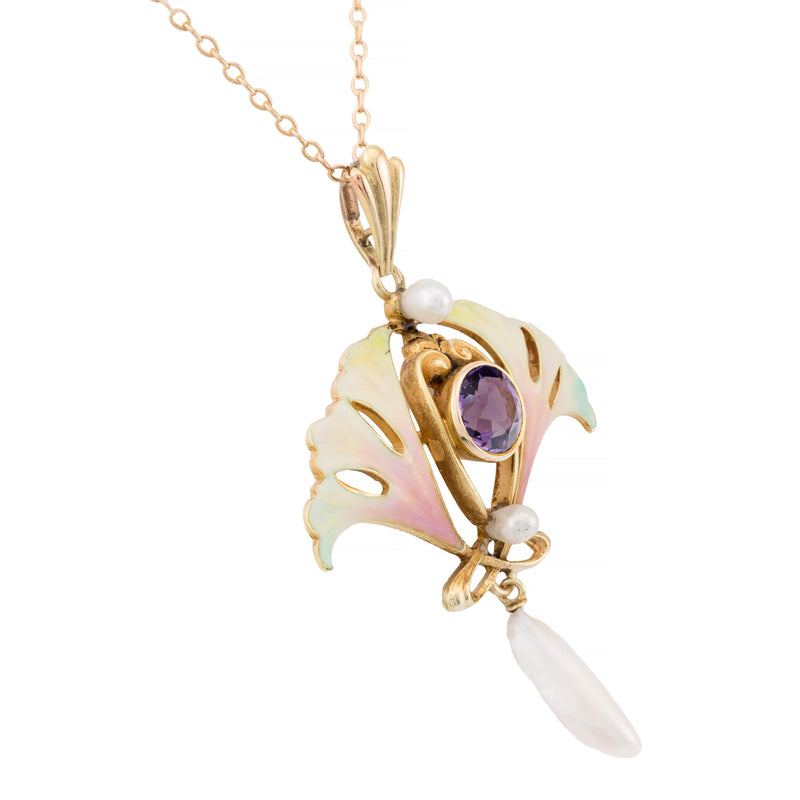 Art Nouveau Enamel Ginko Leaf Amethyst & Natural Pearl Pendant Necklace