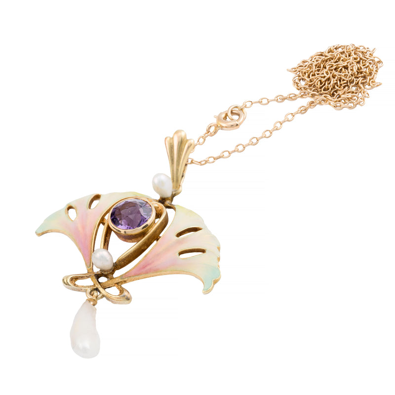 Art Nouveau Enamel Ginko Leaf Amethyst & Natural Pearl Pendant Necklace