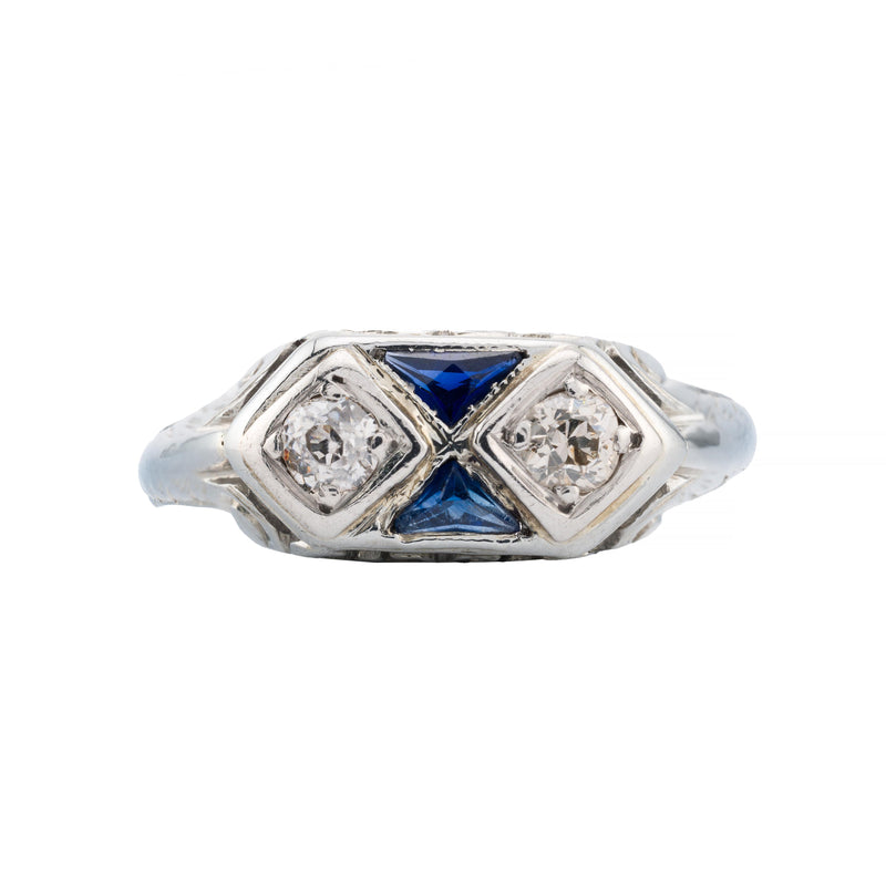 Art Deco Diamond & Sapphire Filigree Ring in 18K White Gold