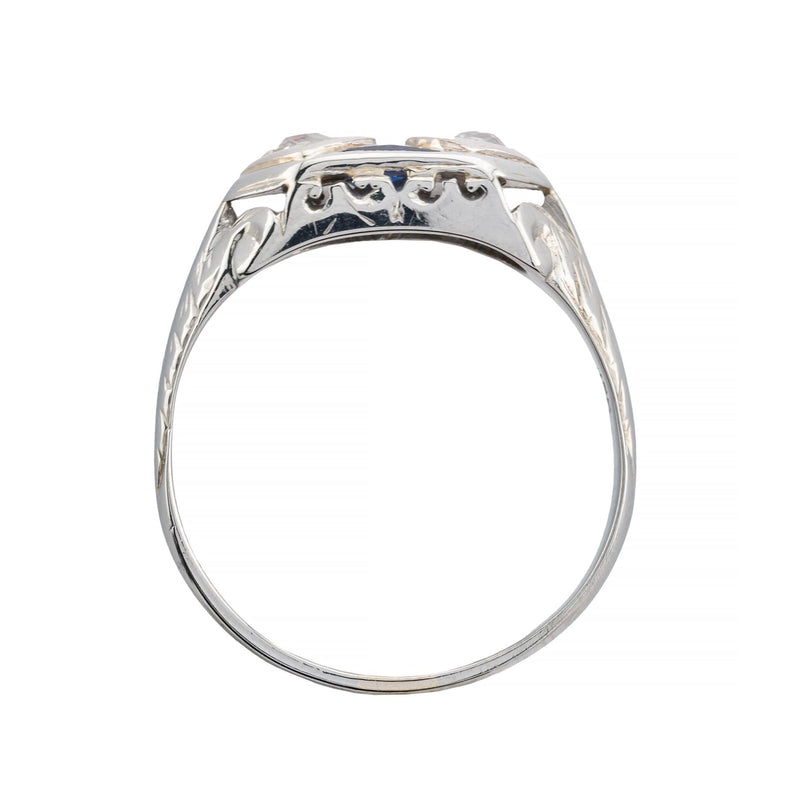 Art Deco Diamond & Sapphire Filigree Ring in 18K White Gold