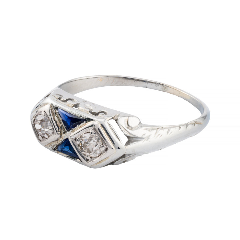 Art Deco Diamond & Sapphire Filigree Ring in 18K White Gold