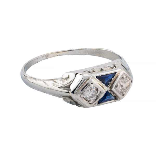 Art Deco Diamond & Sapphire Filigree Ring in 18K White Gold