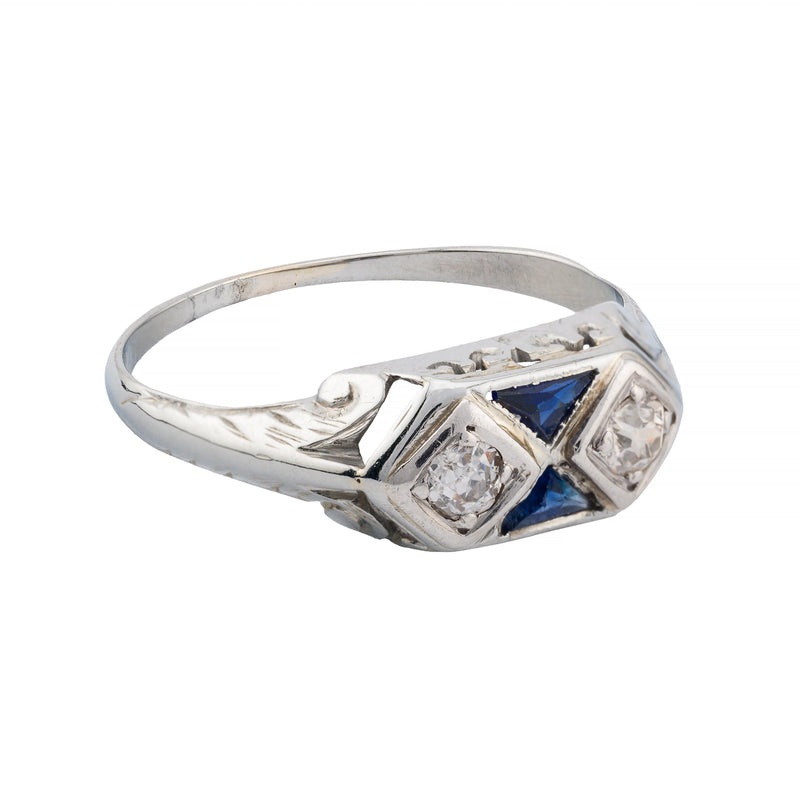 Art Deco Diamond & Sapphire Filigree Ring in 18K White Gold