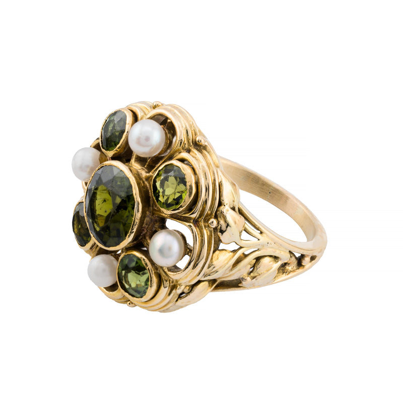 Arts & Crafts Green Tourmaline, Natural Pearl Foliate Motif Ring 14K Gold