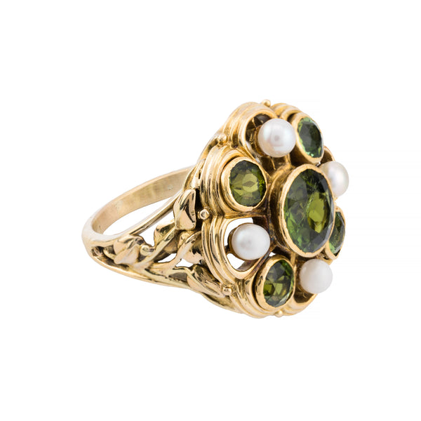 Arts & Crafts Green Tourmaline, Natural Pearl Foliate Motif Ring 14K Gold