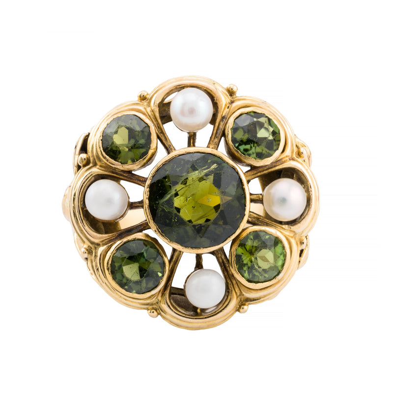 Arts & Crafts Green Tourmaline, Natural Pearl Foliate Motif Ring 14K Gold