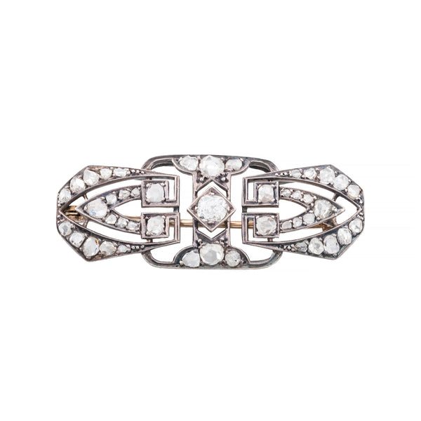 Art Nouveau Geometric 2.20ctw Old Mine & Rose Cut Diamond Brooch Pin