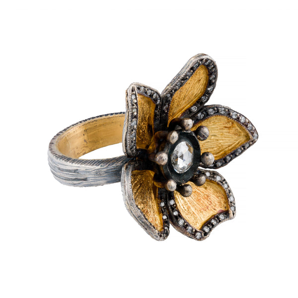 Kurtulan Rose Cut Diamond Flower Ring in 24 Karat Gold & Silver