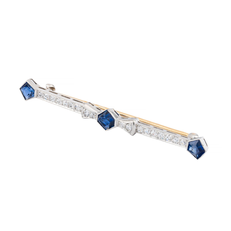 Art Deco No Heat Sapphire & Diamond Geometric Brooch in Platinum