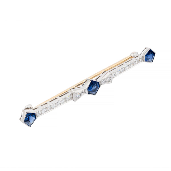 Art Deco No Heat Sapphire & Diamond Geometric Brooch in Platinum