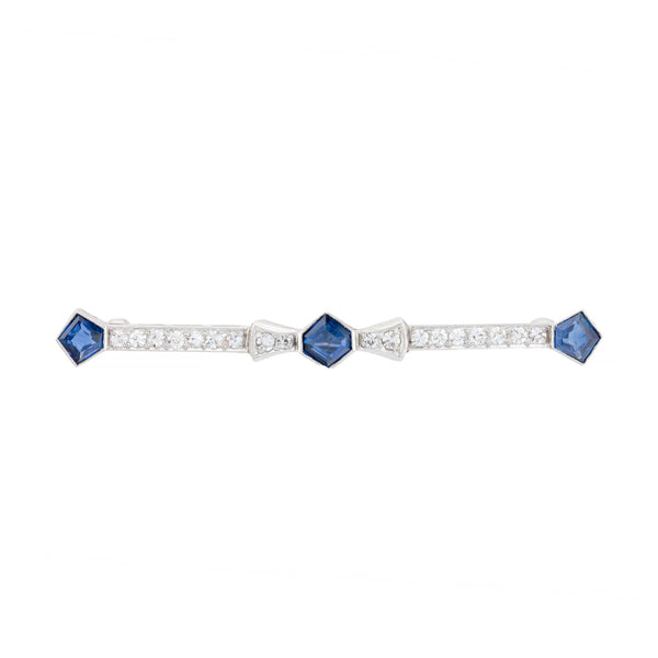 Art Deco No Heat Sapphire & Diamond Geometric Brooch in Platinum