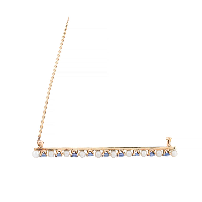 Antique Yogo Gulch Sapphire & Natural Pearl Bar Brooch in 14K Yellow Gold