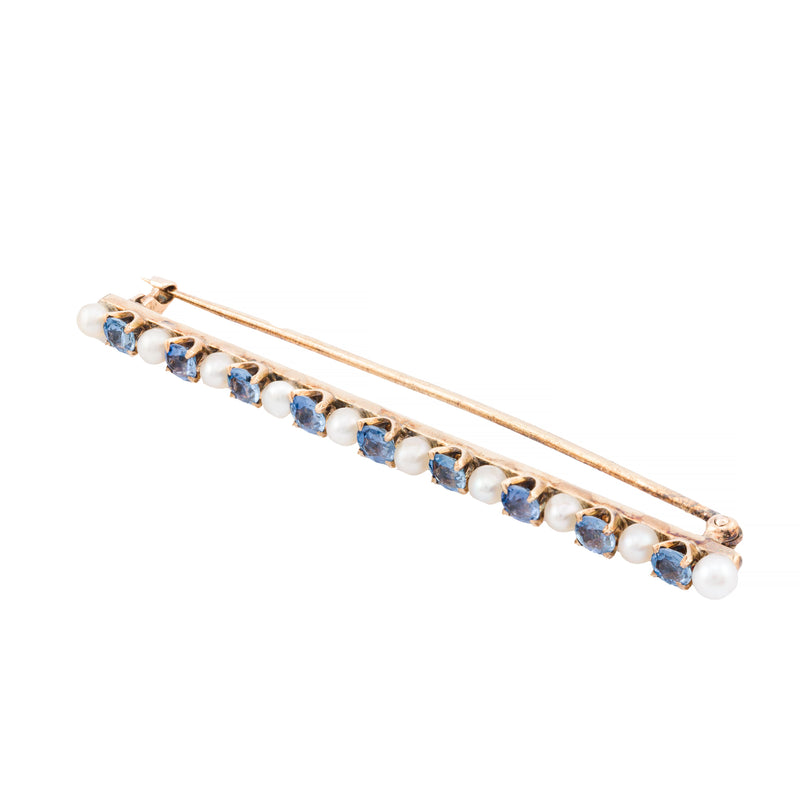 Antique Yogo Gulch Sapphire & Natural Pearl Bar Brooch in 14K Yellow Gold