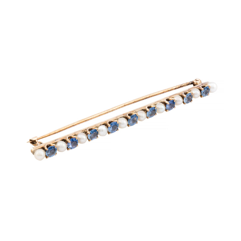 Antique Yogo Gulch Sapphire & Natural Pearl Bar Brooch in 14K Yellow Gold