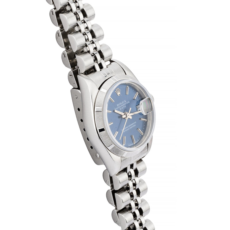 Rolex Ladies Oyster Perpetual Date Stainless Steel Blue Dial Wrist Watch 69160