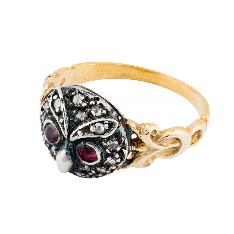 Victorian Rose Cut Diamond & Garnet Owl Face Ring in 18K Yellow Gold, Silver