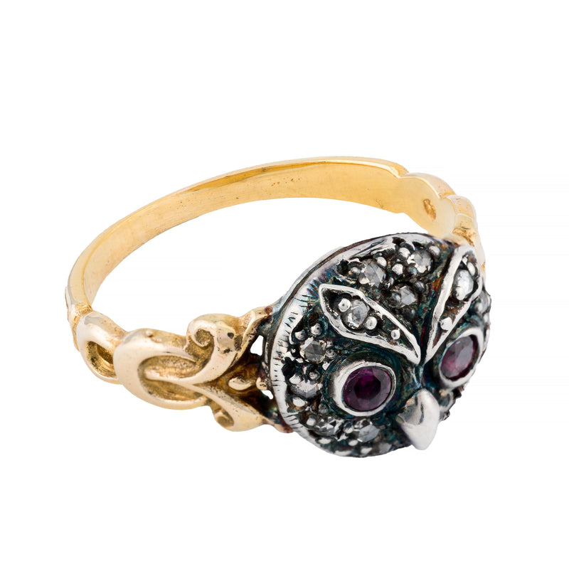 Victorian Rose Cut Diamond & Garnet Owl Face Ring in 18K Yellow Gold, Silver