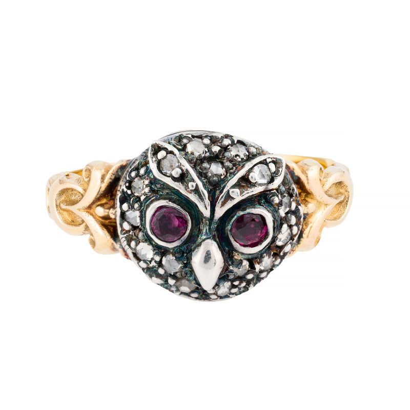 Victorian Rose Cut Diamond & Garnet Owl Face Ring in 18K Yellow Gold, Silver