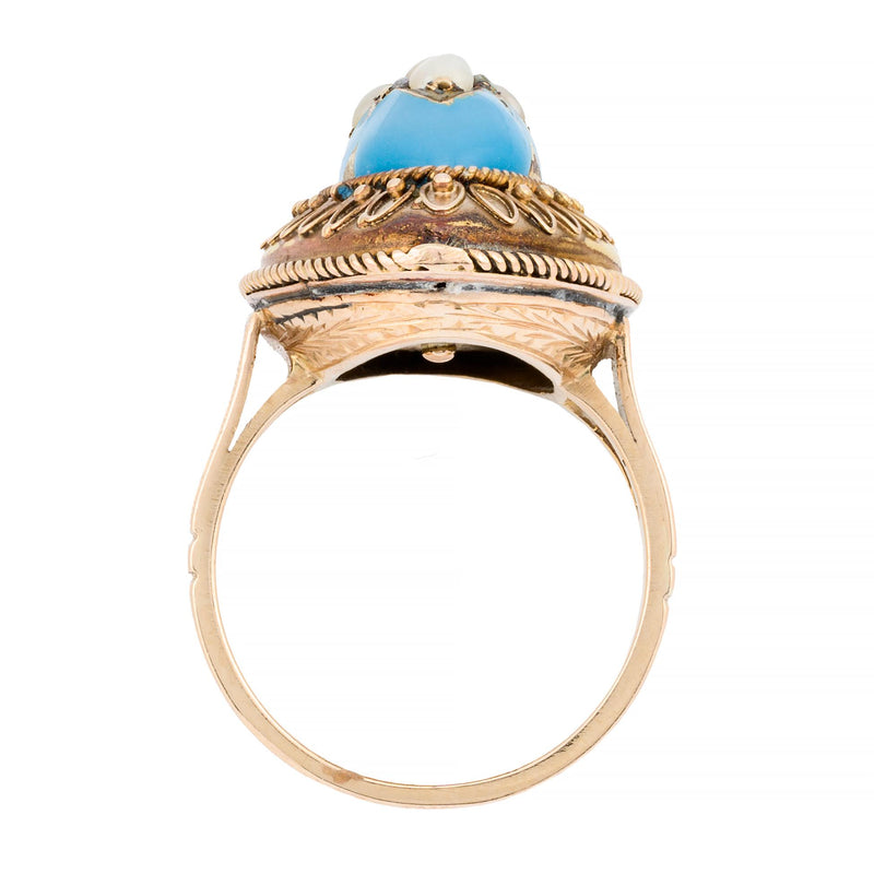 Victorian Turquoise Blue Enamel, Rose Cut Diamond, & Natural Pearl Star Ring