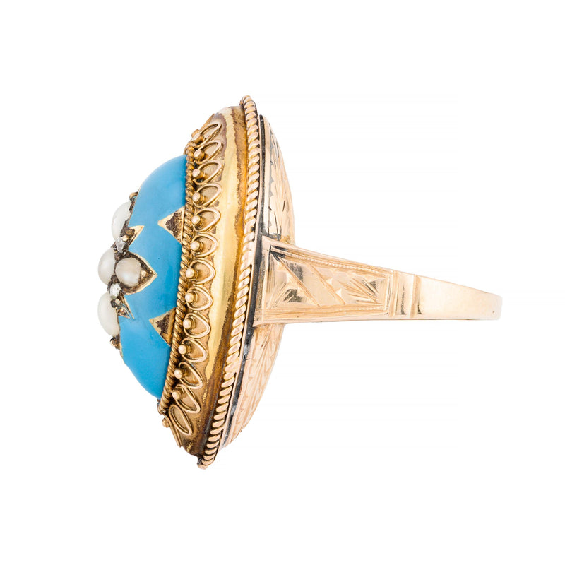 Victorian Turquoise Blue Enamel, Rose Cut Diamond, & Natural Pearl Star Ring