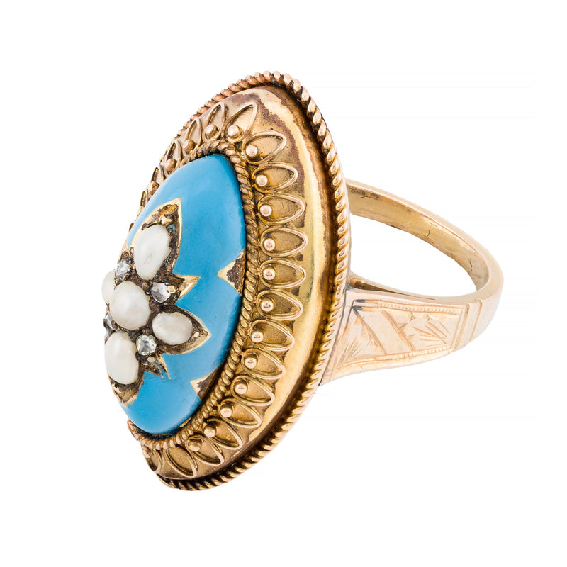 Victorian Turquoise Blue Enamel, Rose Cut Diamond, & Natural Pearl Star Ring