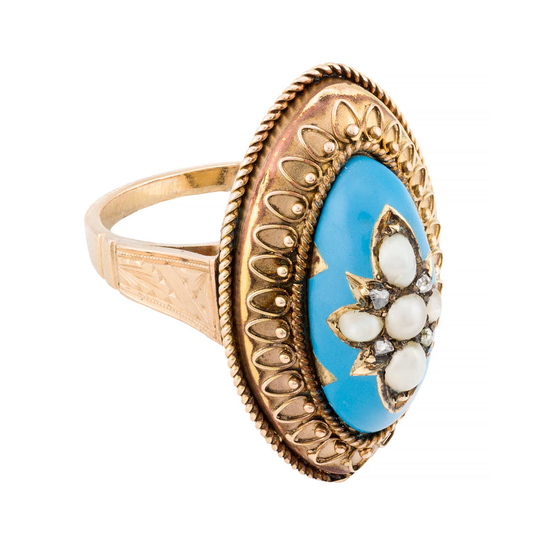 Victorian Turquoise Blue Enamel, Rose Cut Diamond, & Natural Pearl Star Ring