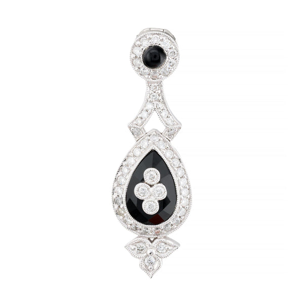 Art Deco Teardrop Shaped Diamond & Onyx Pendant Necklace in 14K White Gold