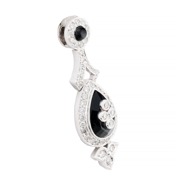 Art Deco Teardrop Shaped Diamond & Onyx Pendant Necklace in 14K White Gold