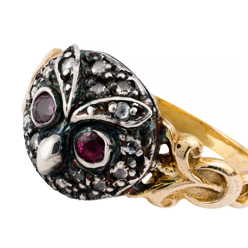 Victorian Rose Cut Diamond & Garnet Owl Face Ring in 18K Yellow Gold, Silver